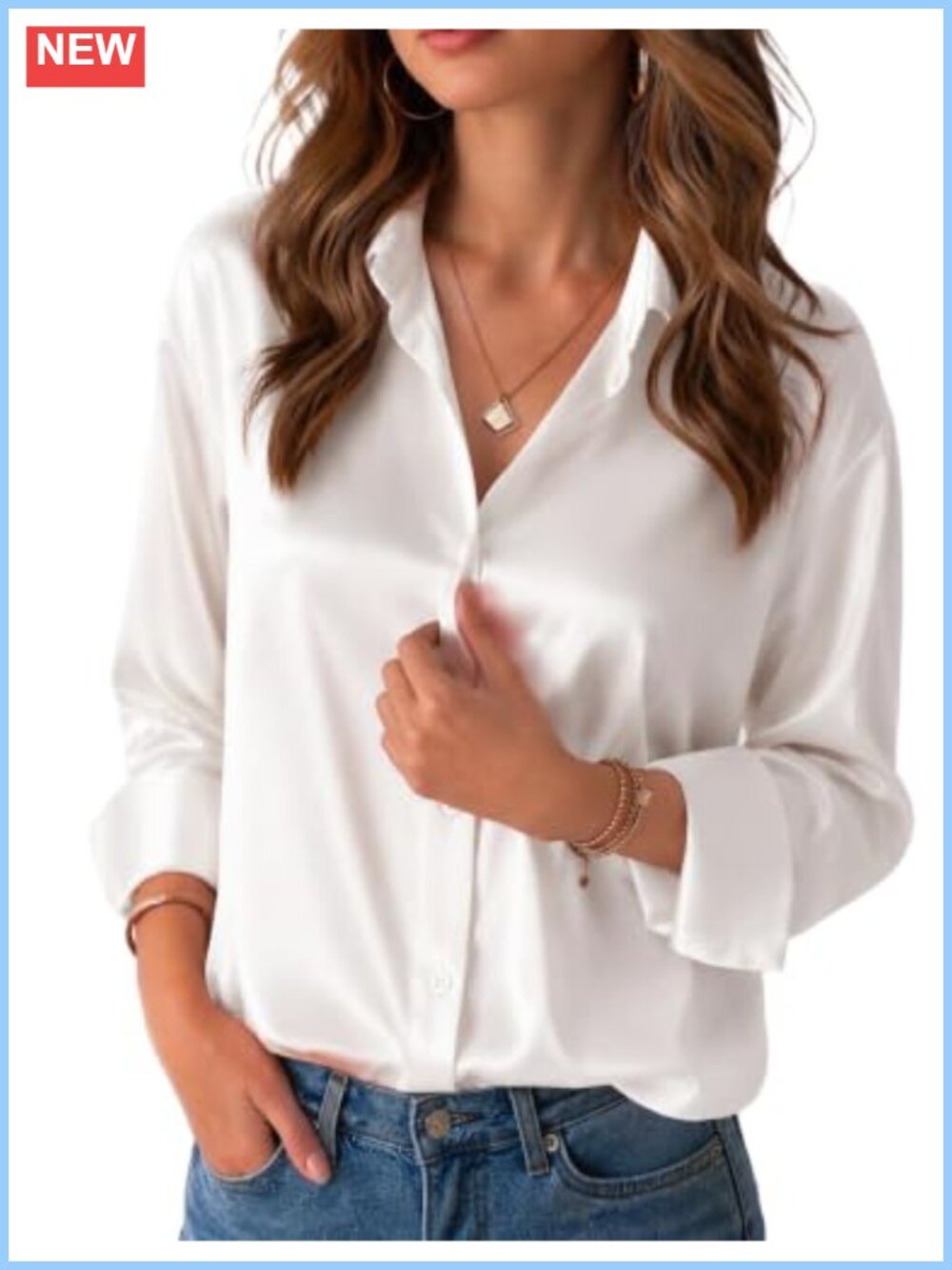 Women Satin Silk Button Down Loose Long Sleeve Blouse
